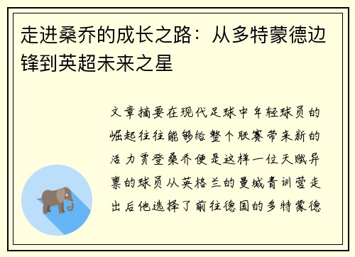 走进桑乔的成长之路：从多特蒙德边锋到英超未来之星