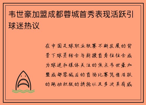 韦世豪加盟成都蓉城首秀表现活跃引球迷热议
