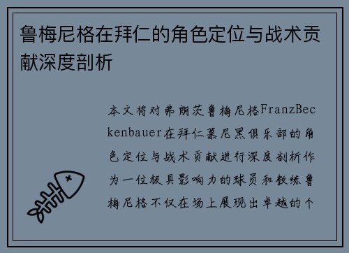 鲁梅尼格在拜仁的角色定位与战术贡献深度剖析